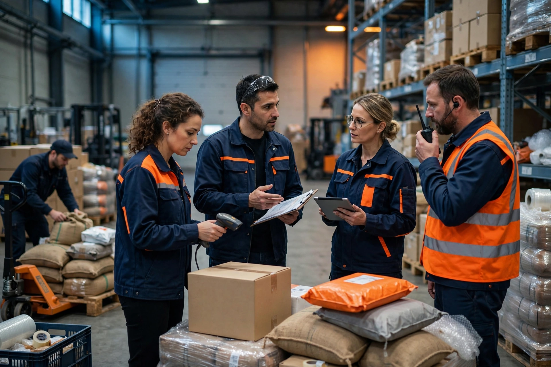 Mitarbeiter in einer organisierten Lager- und Sortierumgebung.