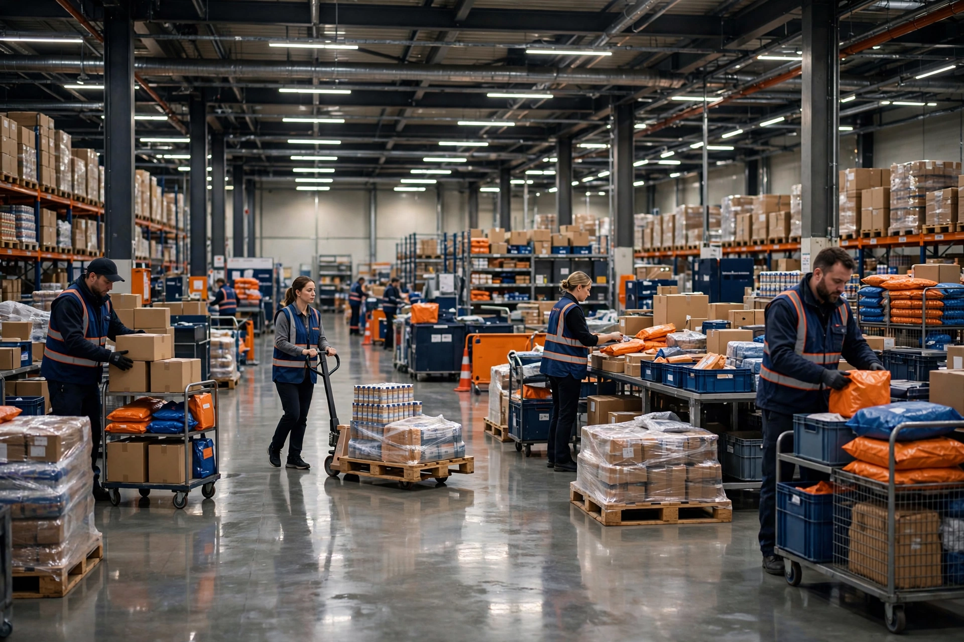 Lagerabläufe mit Paketbearbeitung und organisierten Logistikprozessen.